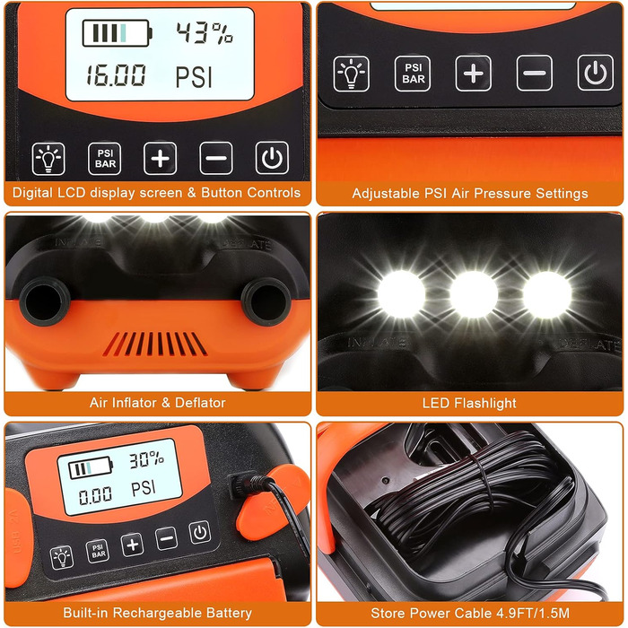 Електричний надувний насос AGPtEK 6000mAh для SUP, матраців, наметів та човнів. 16 PSI, 12V, акумуляторний компресор