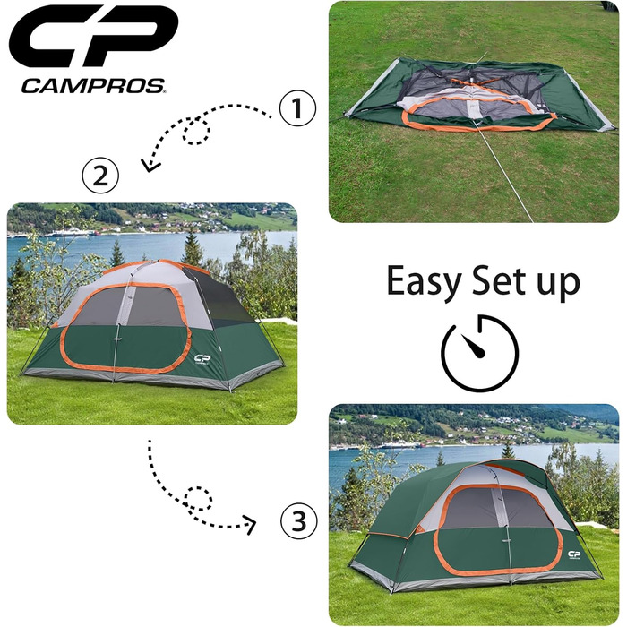 Намет сімейний CAMPROS Campingzelt 6-8 осіб, водонепроникний, 366x274x193 см, швидкозбірний, 4 сезони, з москітною сіткою та тамбуром, темно-зелений