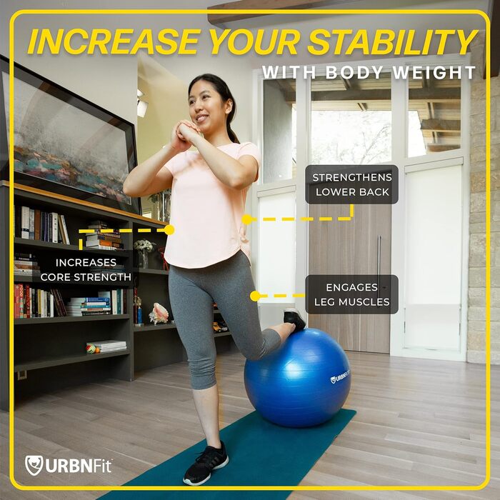 Фітбол URBNFit 65 см для фітнесу, йоги, вагітності та балансу. Антивибуховий, з насосом, підходить для офісу, дому, спортзалу. Червоний.