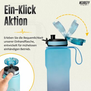 Пляшка для води NEUREFY 1 л з тритану, не протікає, блакитна, BPA-free, з фільтром та індикатором об’єму для спорту, фітнесу, офісу, школи, університету, outdoor