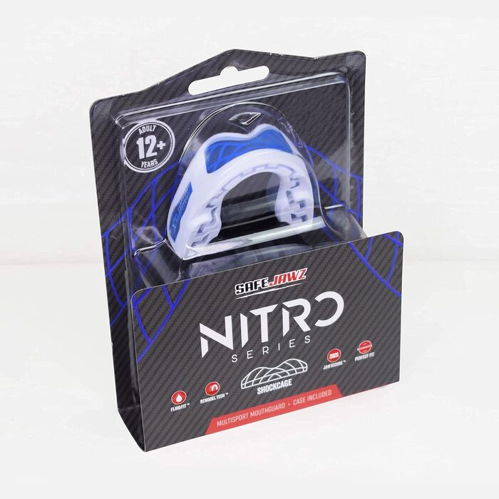 Захисна капа SafeJawz Nitro для дорослих і дітей, з футляром, для боксу, баскетболу, лакросу, футболу, MMA, єдиноборств, хокею та всіх контактних видів спорту, біла
