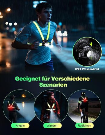 Лампа для бігу Lauflampe Joggen: нагрудна лампа з проблисковим світлом, 500 люмен, кут нахилу 45°, 2 кольори світла, USB-C, IPX4, подвійний ремінь з 360° світловідбивачами для кемпінгу, активного відпочинку, велоспорту (без заднього ліхтаря)