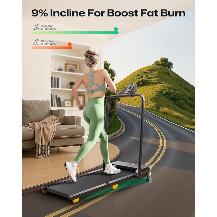 Біговий доріжки з нахилом 9% - складаний Walking Pad з безпечним руків'ям, режим HIIT одним дотиком, для ходьби, бігу та джогу вдома, без збирання, з пультом керування та LED-дисплеєм (чорний)