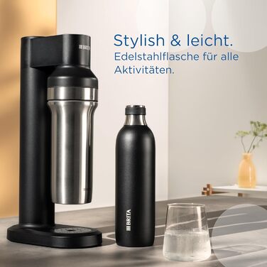 Пляшка BRITA з нержавіючої сталі 1 л чорна для газування води sodaTRIO — ізольована, подвійна стінка, преміум-якість, силіконове кільце для зручності, велика, чорна