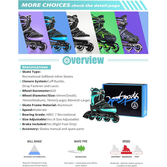 Ролики для дітей 2PM SPORTS, ролики для дівчаток та хлопчиків, середнього розміру (EU 34-37), зелені