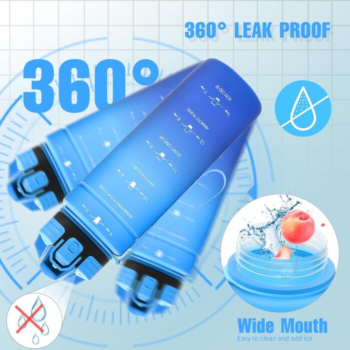 Спортивна пляшка для води Tritan 1л/500мл/700мл/1500мл, BPA-free, з маркуванням часу, витокозахисна, для фітнесу, велосипеда, відпочинку, йоги, спортзалу, школи (темно-зелений, темно-синій, світло-блакитний, блакитний)