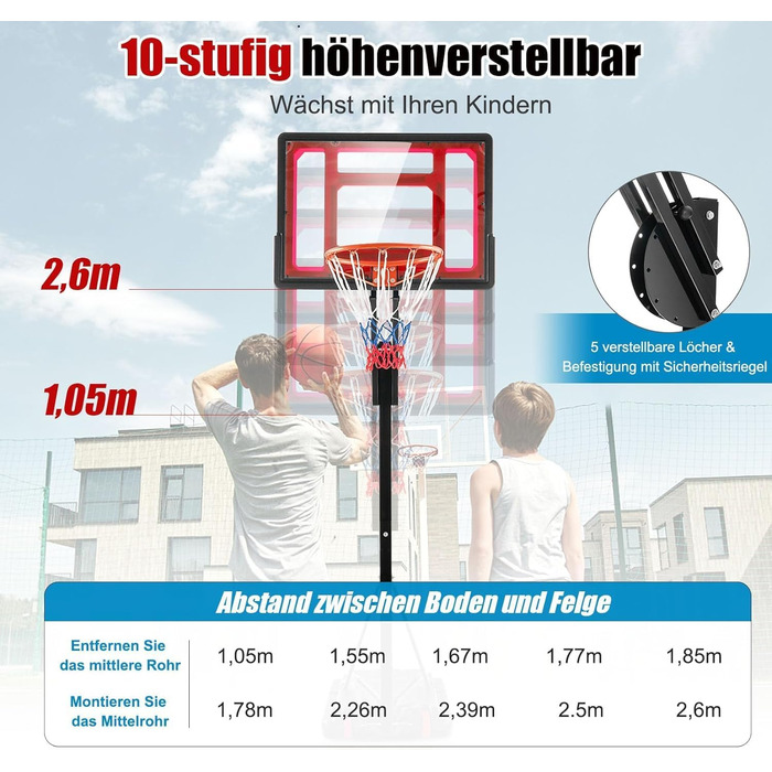 Баскетбольний кошик GOPLUS вуличний з підставкою, регульована висота 105-260 см, портативний на колесах, з м'ячем та насосом для дітей та підлітків