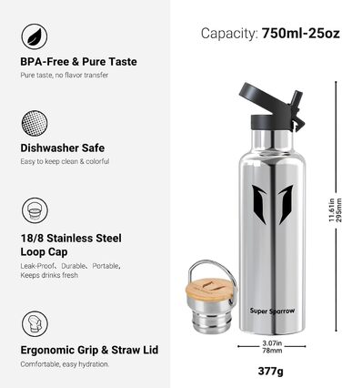 Термос-пляшка Super Sparrow з нержавіючої сталі - 350мл/500мл/620мл/750мл/1л - Без витоку, BPA-Free - Для дітей, спорту, школи, фітнесу - З 2 кришками