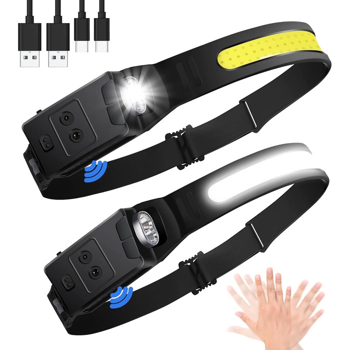 LED налобний ліхтар, 2 шт., 230° широкий кут огляду, з червоним сигнальним світлом, 6 режимів освітлення, датчик, водонепроникність. Ідеально для бігу, риболовлі та активного відпочинку