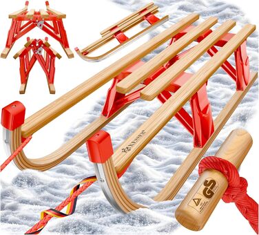 Дерев'яний санчата KESSER® Premium з буку, складні, з тяговим тросом та металевими чіпами, без спинки, червоні