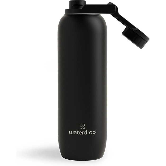Термос-пляшка waterdrop® 1 л, ізольована, нержавіюча сталь, 24 год холоду, 12 год тепла, герметична, ударостійка, чорний матовий, з кришкою Swing