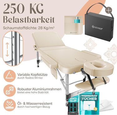 Масажне ліжко KESSER® з 3 зонами, до 250 кг, складне, регульоване, з аксесуарами (підголовник, підлокітники, сумка), антиковзне покриття, бежеве