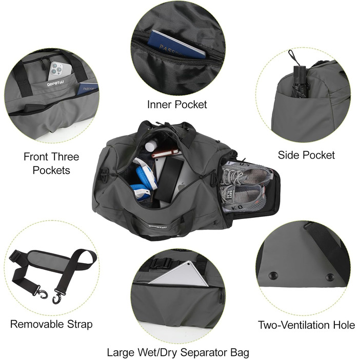 Спортивна сумка для жінок та чоловіків з жорстким матеріалом, дорожня сумка з відділенням для взуття, 2 вентиляційні отвори та відділення для мокрого одягу, водонепроникна сумка-вікендер, спортивна сумка/сума для плавання/сауни (Зелений) (Сірий)