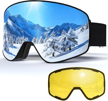 Гірськолижні маски VCOROS з змінним склом, унісекс, захист від UV, антитуманне покриття, регульований ремінь, сноуборд маска 02-Срібло/Білий + лінза (VLT13 %) (01-Срібло/Чорний + лінза (VLT13 %))