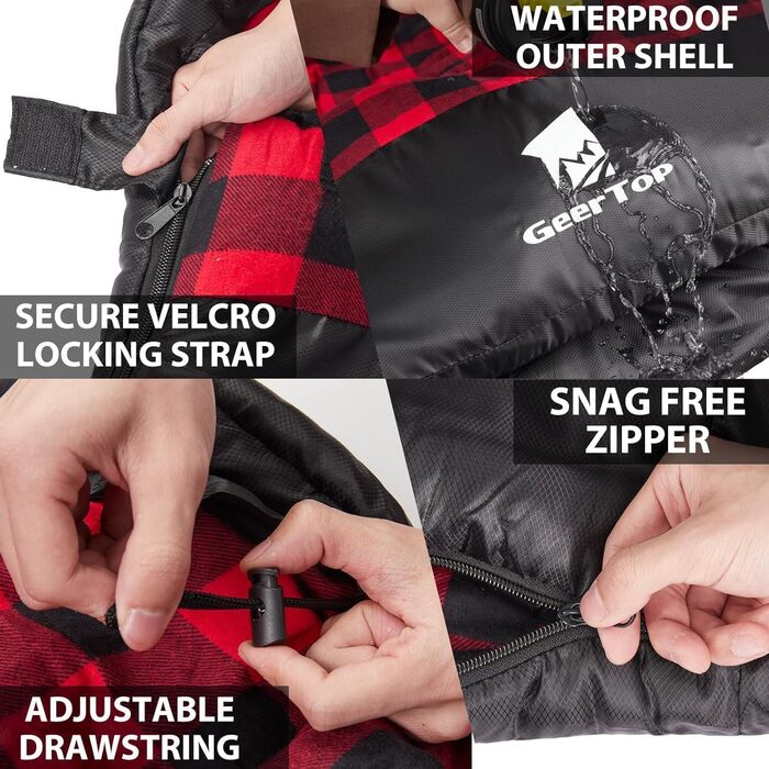 Спальний мішок GEERTOP XXL 4 сезони, фланель, 220x100 см, для дорослих, кемпінг, подорожі, туризм (чорний з червоною клітинкою)