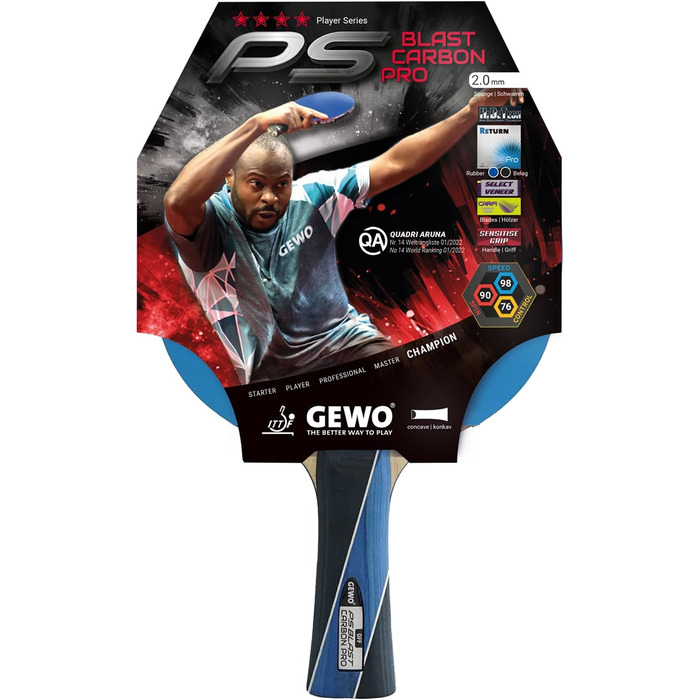 GEWO PS Blast Carbon Pro – професійна карбонова ракетка для настільного тенісу, ITTF сертифікована, з гумою GEWO Return Pro, висока швидкість і обертання, 2,0 мм губка, ручка конкавна