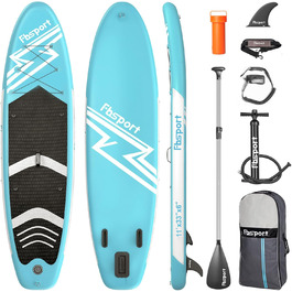 FBSPORT Стендап-борд (SUP) 11 футів Преміум, для йоги з аксесуарами та сумкою | Широка стійка, контроль на хвилях, неслизьке покриття, страховка, весло та насос для юніорів та дорослих (Eisblau)