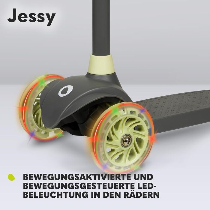 Дитячий триколісний самокат LIONELO Jessy Premium з LED-підсвіткою коліс, регулюванням висоти та складаним корпусом, зелений (до 50 кг, для дітей від 3 років)