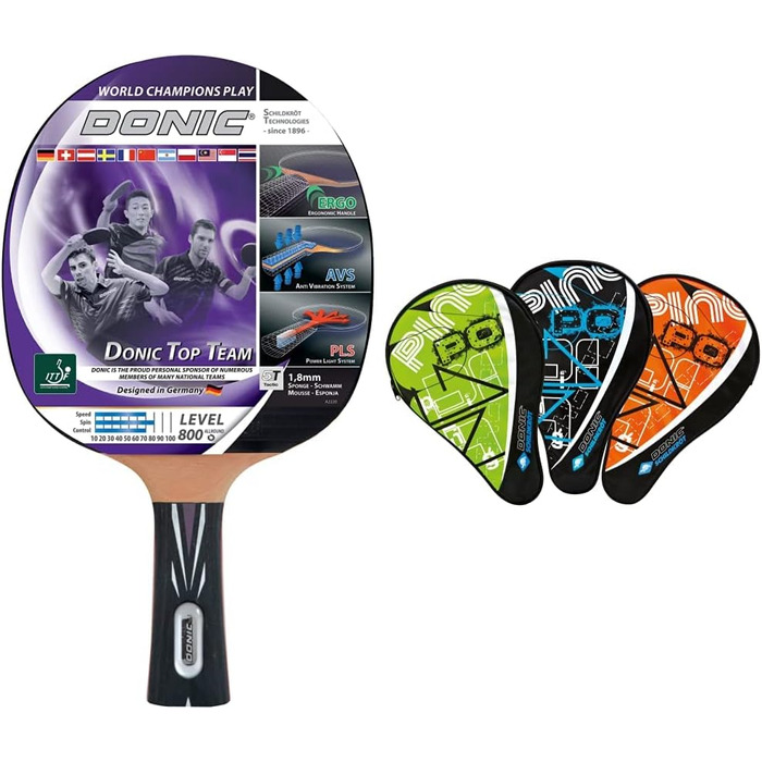 Набір для настільного тенісу Donic-Schildkröt Top Team 800 з чохлом, AVS & PLS-ручки, губка 1,8 мм, Vari Slick ITTF, 754198