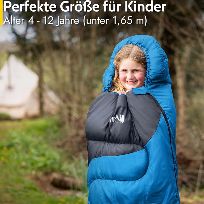 Дитячий спальник Trail Mumienschlafsack для кемпінгу 3 сезони, блакитний, 300 г/м² - з транспортним рюкзаком для хлопчиків та дівчаток