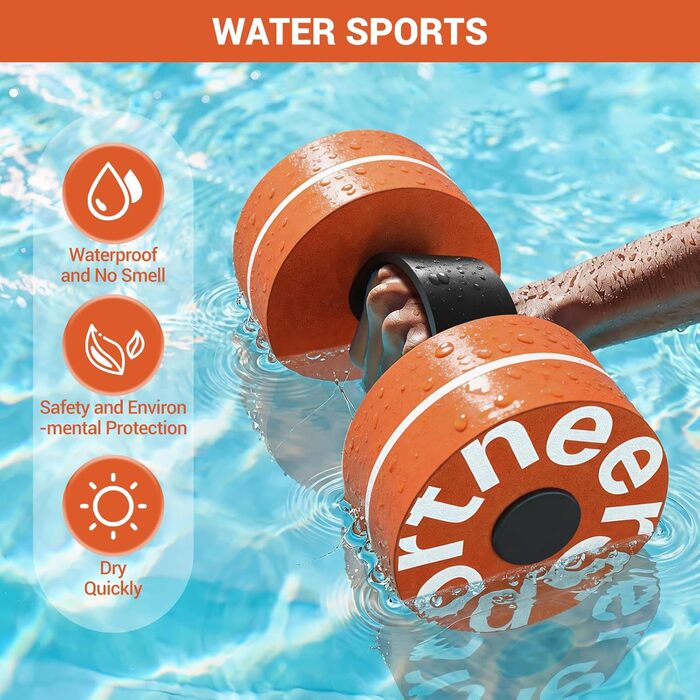 Гантелі водні Sportneer 2 шт. для аквааеробіки, аквафітнесу (піна EVA, помаранчево-білі, L)