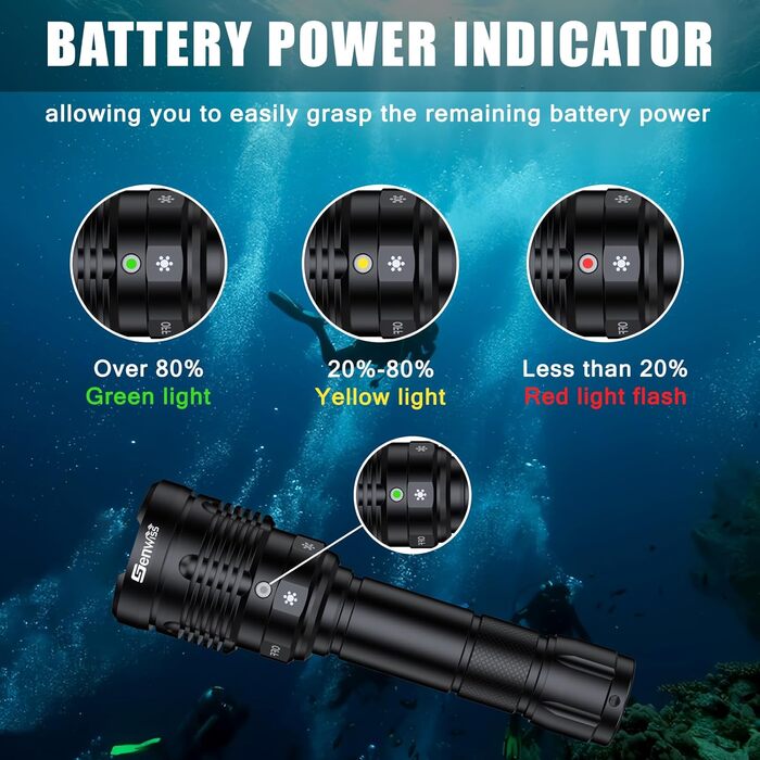 Підводний ліхтар Genwiss GN-T45: 2000 люмен, 150 м, 5 режимів, індикатор заряду батареї. Професійний для дайвінгу та освітлення