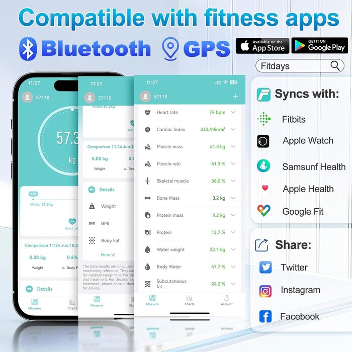 Вага для вимірювання жиру в тілі з великим дисплеєм, точна вага з аналізом жиру та м'язової маси, персональна вага з аналізом складу тіла (22 показники), частота серцевих скорочень, ІМТ, смарт-вага з підключенням до додатку