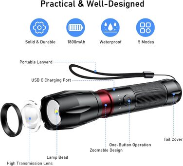 LED ліхтарі Blukar, 2 шт., 2000 люмен, зумуючі, 5 режимів, водонепроникні (IPX6), для кемпінгу, туризму, риболовлі, надзвичайних ситуацій