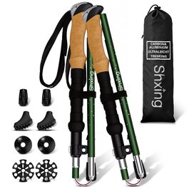 Складані трекінгові палиці для скандинавської ходьби та туризму, набір 2 шт, карбон 3K та алюміній 7050, регульована висота 110-135 см, коркова ручка з EVA, зелені