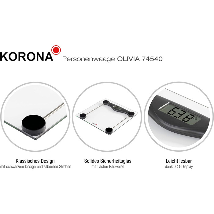Ваги підлогові Korona OLIVIA 74540, електронні, скляні, 180 кг, LCD-дисплей, чорні, батарейки в комплекті