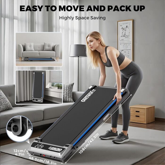 ONETWOFIT Ходункова доріжка, біговий тренажер для дому з ручками, регульований нахил, керування з пульта та через додаток, 2.5HP, складаний, 12km/h