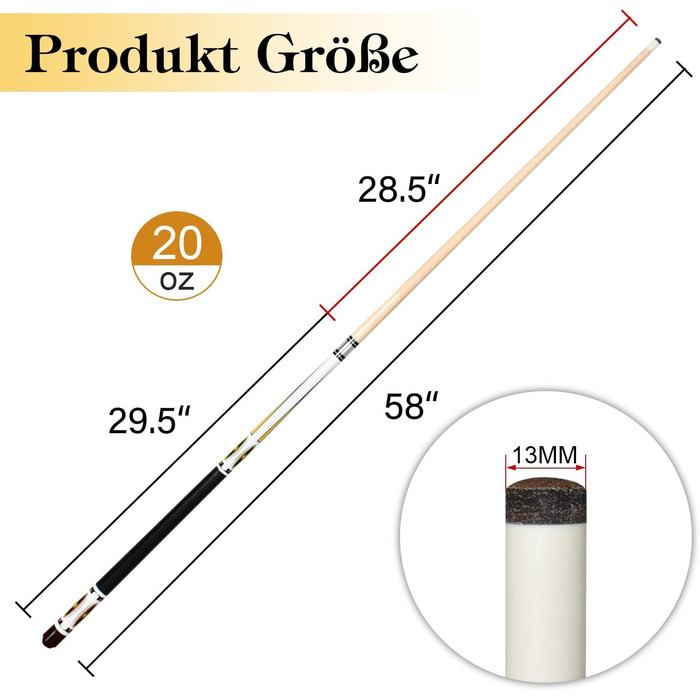 RAYNA GAMES Більярдний кий: комплект 2 кия, 58 дюймів, канадський клен, для дорослих, з нержавіючою сталею, для ентузіастів більярду