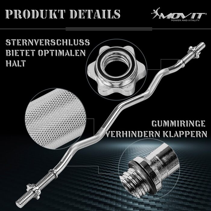 Гриф для штанги MOVIT Profi SZ 30 мм, вигнутий, 120/130 см, хромований або чорний, з гвинтовим або пружинним замком