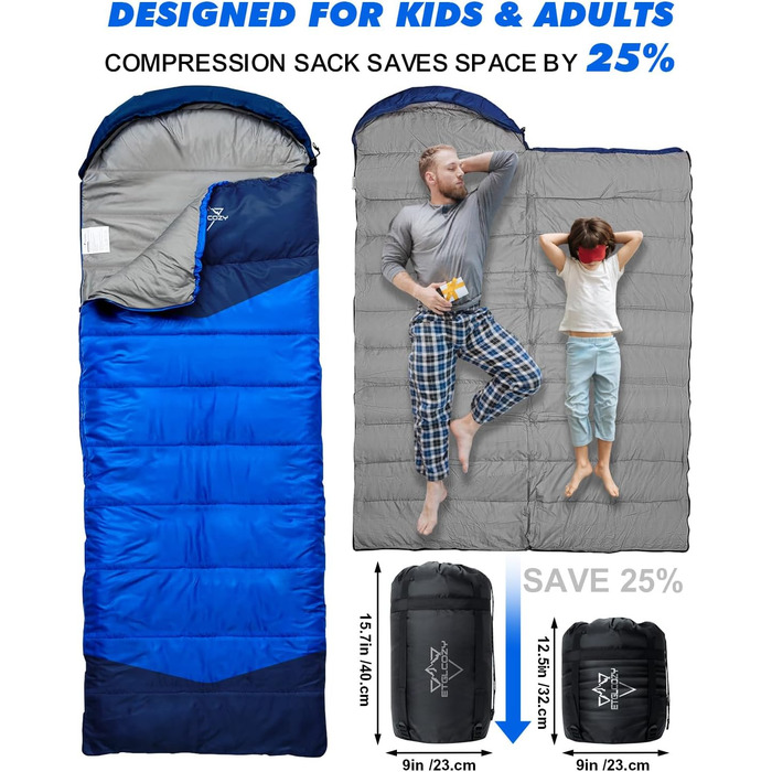 Спальні мішки для дорослих та дітей – для холодної та теплої погоди. Водонепроникний, легкий спальний мішок для кемпінгу, походів та трекінгу (з компресійним мішком). Підходить для 3-4 сезонів, 10-20°C, 1.5KG – Чорний (10-20°C, 1.5KG-Блакитний)