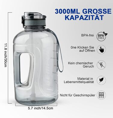 Пляшка спортивна GEMFUL 3л з мітками часу, соломинкою та ручкою, сіра. BPA-free, герметична, для фітнесу, тренувань та активного зволоження