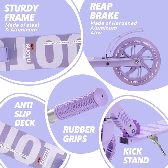 Самокат дитячий SUOTU з колесами 145 мм, до 100 кг, світлодіоди, складаний, регульована висота, для хлопчиків та дівчаток, алюмінієвий (Фіолетовий)