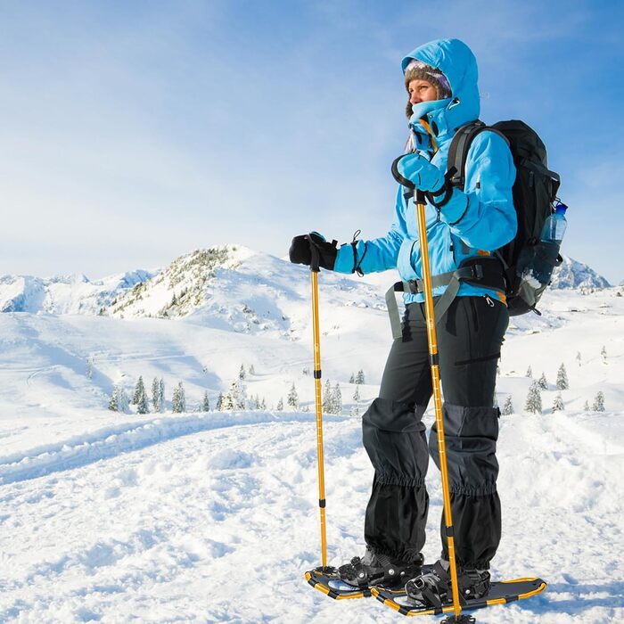 Снігоступи GYMAX 63 см з алюмінію, розмір 35-45, з підйомником, 2 палиці та сумка, комплект снігоходів для чоловіків та жінок, золотий