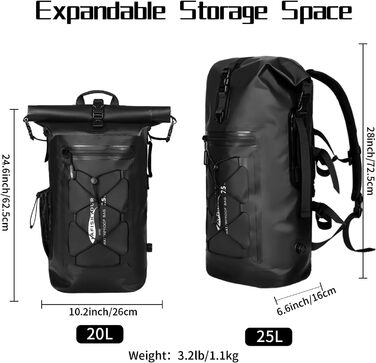 Водонепроникний рюкзак 25L для жінок та чоловіків: Dry-Bag з рол-закриттям та плавучістю для каякінгу, рафтингу (Чорний)