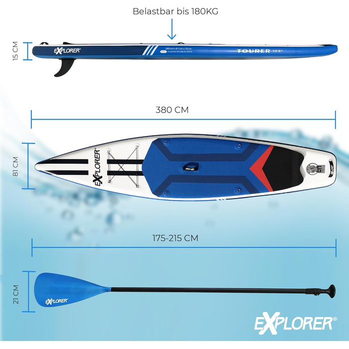 Надувна SUP-дошка EXPLORER TOURER 12.6 для плавання стоячи, комплект до 180 кг: алюмінієве весло, рюкзак, насос, плавник, ремкомплект