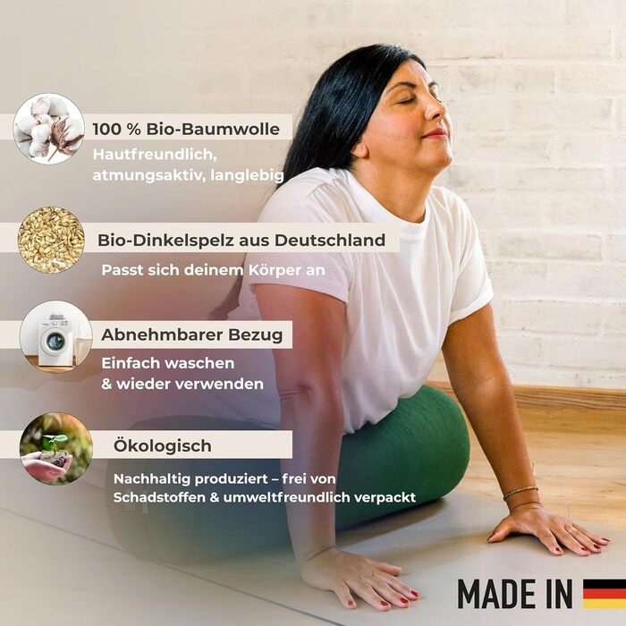 Йога-болстер Inner Peace: довге подування для йоги з органічної дінкової вати | Зроблено в Німеччині
