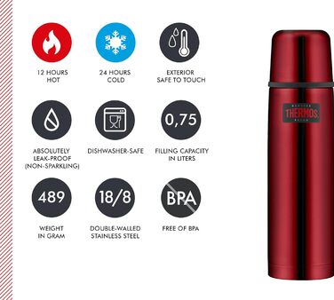 Термос для напоїв 0,75 л Thermos Light & Compact, червоний, нержавіюча сталь, ізольована пляшка з чашкою, зберігає тепло до 18 годин, холод — до 24 годин, герметичний, BPA-free, можна мити в посудомийці