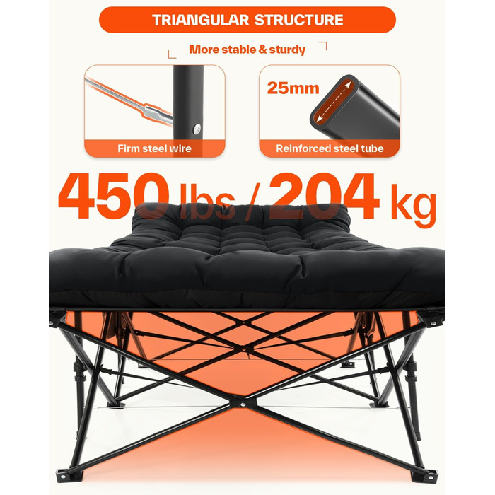Розкладне ліжко Sportneer для кемпінгу та відпочинку: 200x81x47 см, чорне, з матрацом та сумкою для зберігання