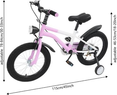 Дитячий велосипед 16 дюймів для хлопчиків та дівчаток, сталевий, 5-8 років, з бічними колесами та регулюванням висоти, рожевий + LED-ліхтар