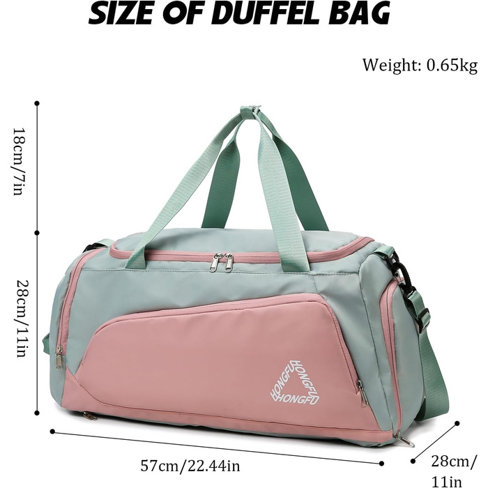 Спортивна сумка для жінок 45L з відділенням для взуття, мокрою сумкою, водонепроникна, для подорожей, спортзалу, басейну. Сумка-рюкзак для фітнесу, спорту, подорожей. Зелена/Рожева.