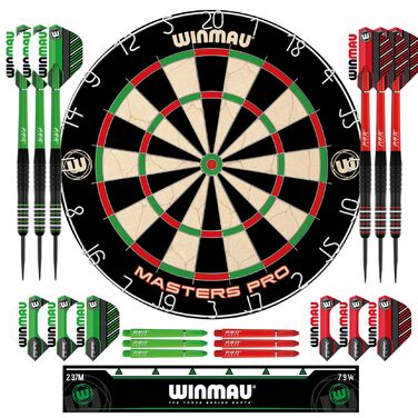 Дартс Winmau Masters Pro з лінією кидка та 6 дротиками - професійна сталева мішень PDC, сизаль високої щільності, ультратонкий дріт
