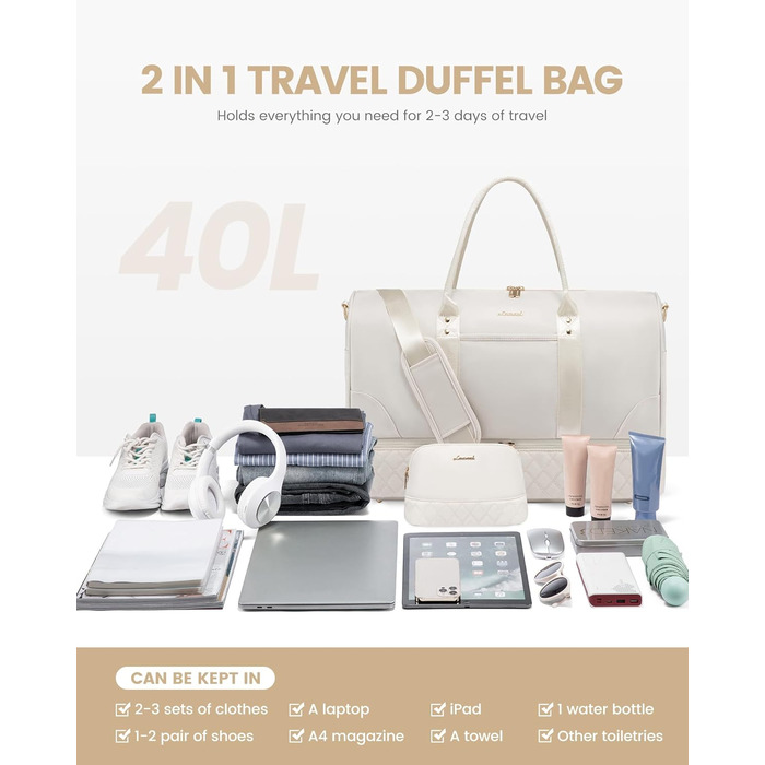 Сумка-мішок LOVEVOOK для подорожей: жіноча дорожня сумка-мішок з відділенням для взуття та мокрих речей, 2 шт. у наборі, 40 л, бежевий колір