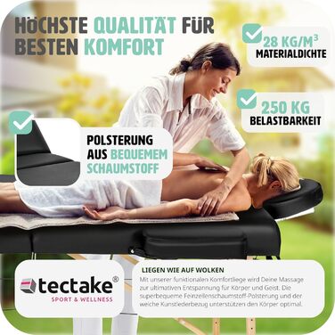 Мобільний масажний стіл tectake 3-секційний, складаний, регульований по висоті, з аксесуарами (підголівник, сумка), навантаження до 250 кг, для косметології, масажу, тату та фізіотерапії, чорний