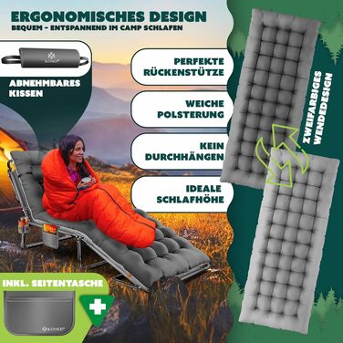 Кемпінгове ліжко KESSER® складне з сумкою, подушкою, кишенею та тримачем для напоїв, 190 x 68 x 30 см, до 250 кг, з оксфордської тканини та сталевим каркасом, для саду та кемпінгу, антрацит/сірий