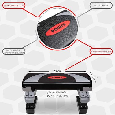 Степ-платформа POWRX XL Premium: 3 рівні, регулювання висоти, для дому, фітнес, степер, гімнастика, аеробіка