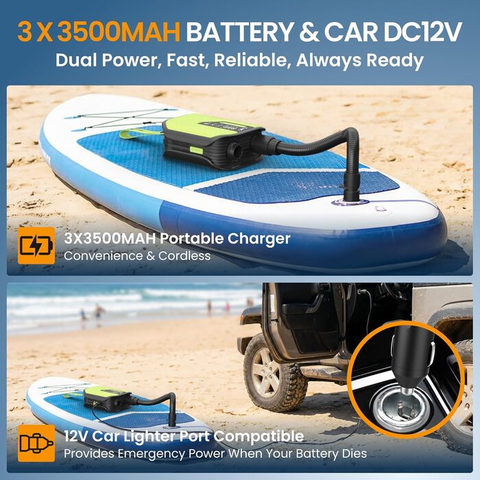Акумуляторний насос TowerTop Sup Pumpe 10500mAh для SUP-дошки, авто та каяків, 50 PSI, 12V двоступеневий (накачування та випускання) з 8 насадками